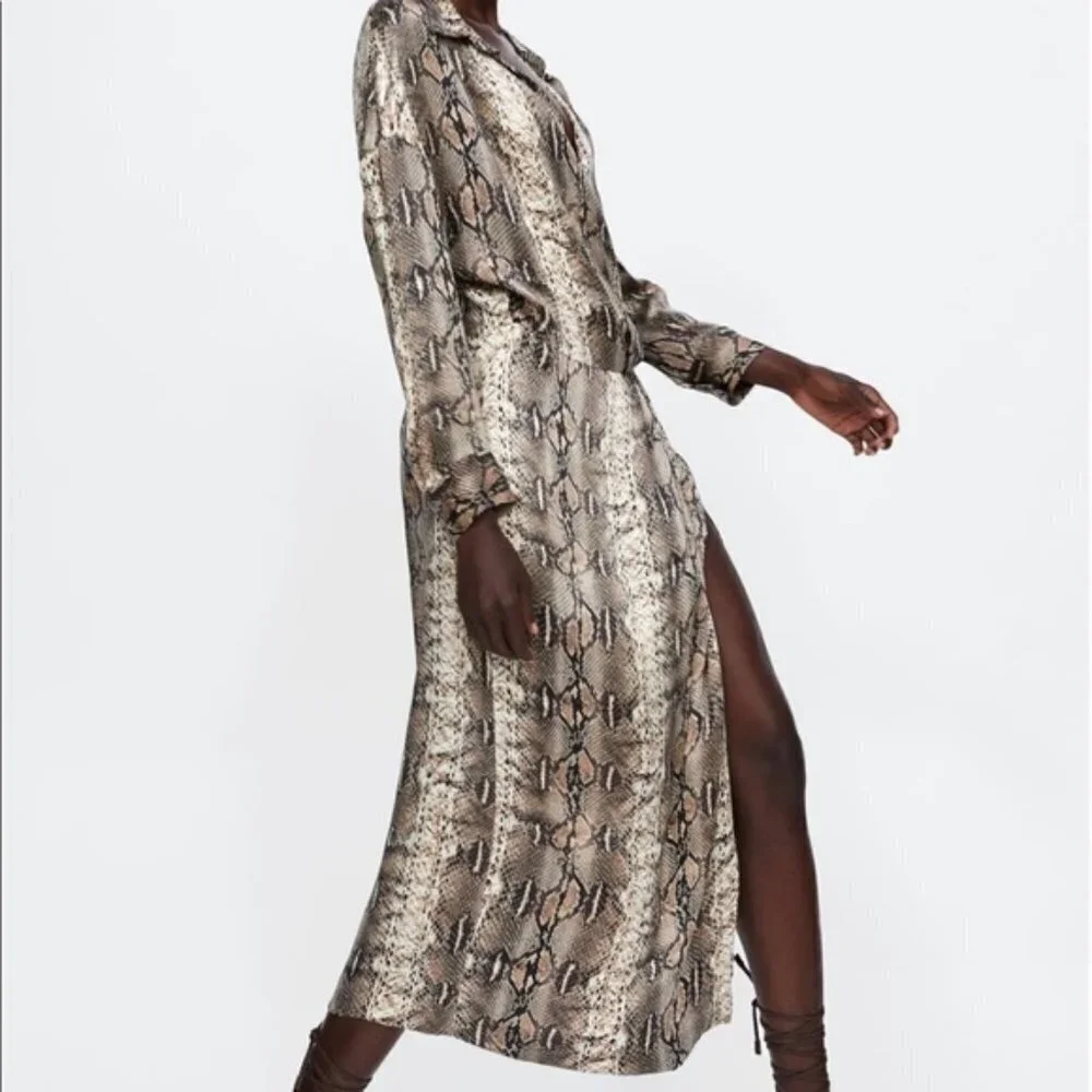 ZARA FLOWING V-NECK SNAKESKIN PRINT LONG SHIRT DRESS | Size Small - Picture 3 of 16